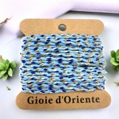 Cordoncino cotone intrecciato azzurro e blu con filo oro, 2mm, 4.5mt, marchio Gioie d'Oriente