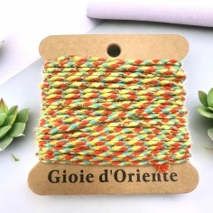 Cordoncino in cotone intrecciato arancio, giallo, verde acqua e oro, 2mm, 4.5mt, marchio Gioie d'Oriente