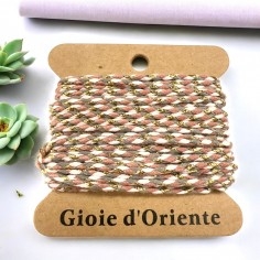 Cordoncino intrecciato rosa cipria, panna e grigio con lurex oro, 2mm, 4.5mt, marchio Gioie d'Oriente