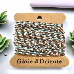 Cordoncino intrecciato cotone bordeaux, turchese e panna con filo oro, 2mm, 4.5mt, marchio Gioie d'Oriente