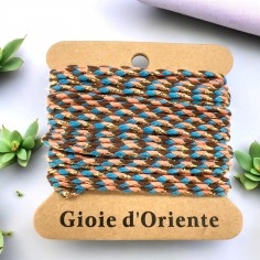 Cordoncino cotone intrecciato pesca, marrone e azzurro con lurex oro, 2mm, 4.5mt, marchio Gioie d'Oriente