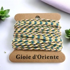 Cordoncino intrecciato cotone, giallo rosa turchese con lurex oro, spessore 2mm, marchio Gioie d'Oriente