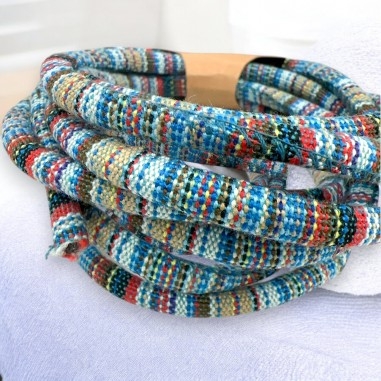 Cordino etnico tondo, cotone intrecciato, blu rosso beige, spessore 7mm, marchio Gioie d'Oriente