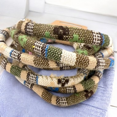 Cordino etnico tondo, cotone beige con motivi verde oliva e marrone, 7mm, marchio Gioie d'Oriente