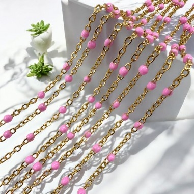 Catena acciaio, palline smaltate rosa antico, base oro, lunghezza 1 metro, marchio Gioie d'Oriente