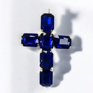 Ciondolo croce in ottone con cristalli rettangolari blu 38x60mm 1pz Gioie d'Oriente