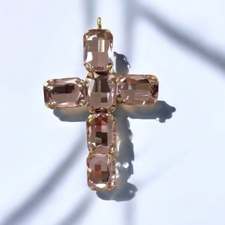 Ciondolo croce in ottone con cristalli rettangolari rosa 38x60mm 1pz Gioie d'Oriente