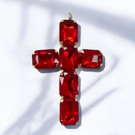 Ciondolo croce in ottone con cristalli rettangolari rosso 38x60mm 1pz Gioie d'Oriente