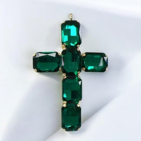 Ciondolo croce in ottone con cristalli rettangolari verde acqua 38x60mm 1pz Gioie d'Oriente