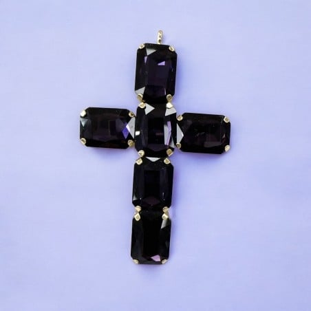Ciondolo croce in ottone con cristalli rettangolari viola 38x60mm 1pz Gioie d'Oriente