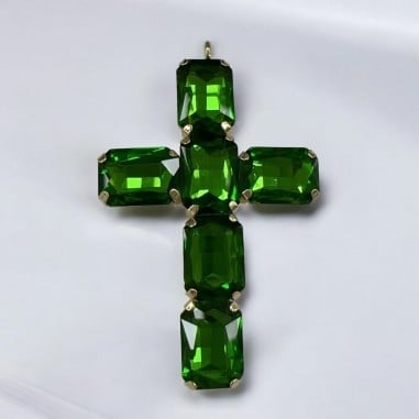 Ciondolo croce in ottone con cristalli rettangolari verde 38x60mm 1pz Gioie d'Oriente