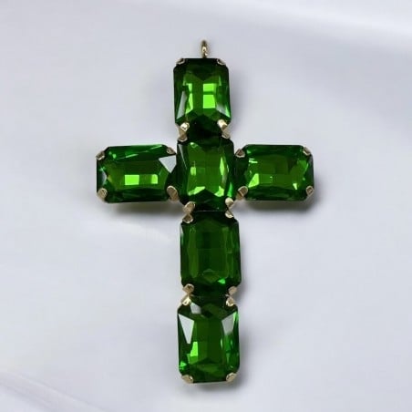 Ciondolo croce in ottone con cristalli rettangolari verde 38x60mm 1pz Gioie d'Oriente
