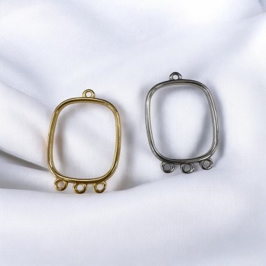 Connettore rettangolare vuoto in acciaio, 3 anellini, 23x30mm, colori oro e acciaio, marchio Gioie d'Oriente