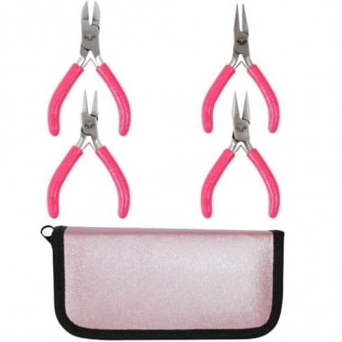Set di attrezzi per bigiotteria, con manici glitter rosa, pinze con punta piatta, curva e tonda e tronchesi, dimensione 7.8 cm