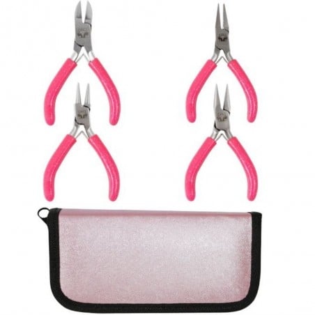 Set di attrezzi per bigiotteria, con manici glitter rosa, pinze con punta piatta, curva e tonda e tronchesi, dimensione 7.8 cm