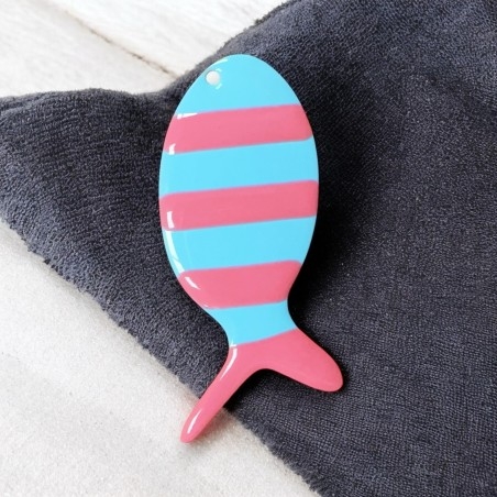 Ciondolo pesce smaltato azzurro/rosa a righe in acciaio dorato 23x52mm 1pz | GDO