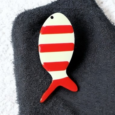 Ciondolo pesce smaltato rosso a righe in acciaio dorato 23x52mm 1pz | GDO