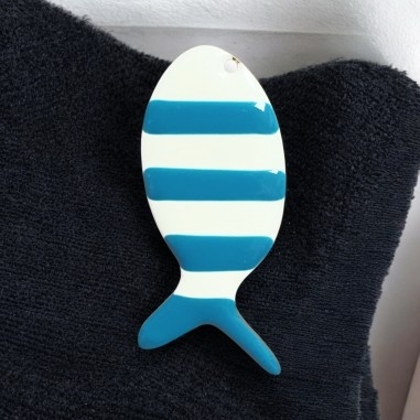 Ciondolo pesce smaltato verde acqua a righe in acciaio dorato 23x52mm 1pz | GDO