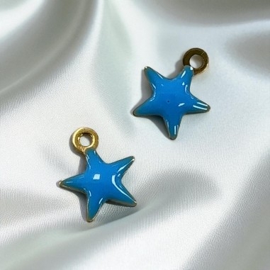 Ciondolo stella smaltata azzurra in acciaio inox oro 10 x 8 mm 1pz Gioie d'Oriente