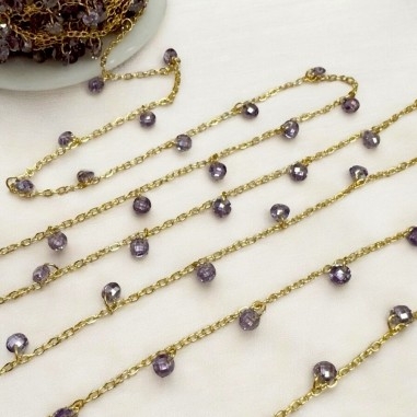 Catena in acciaio inox oro con Zirconi Viola rotondi 50cm | GDO