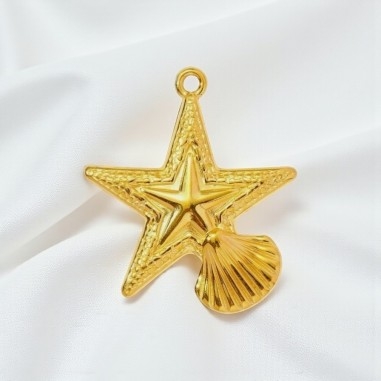 Ciondolo stella marina e conchiglia in acciaio dorato 33x29 mm 1pz Gioie d'Oriente