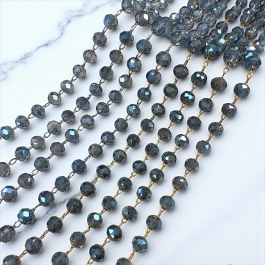 Catena oro con cristalli zaffiro, 3x4mm, montaggio rosario, lunghezza 50cm, marchio Gioie d'Oriente