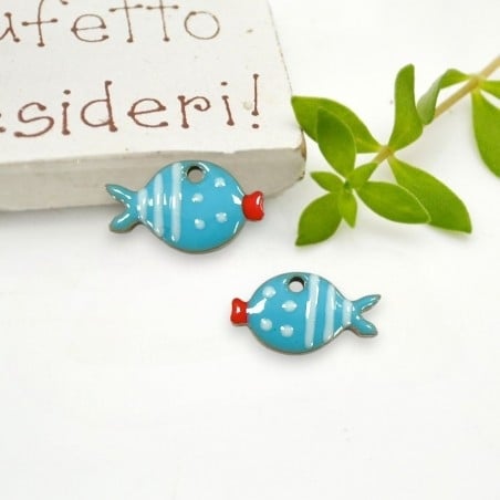 Ciondolo Pesciolino smaltato azzurro a righe e pois in Acciaio oro 8x13mm 1pz | GDO