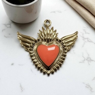 Ciondolo Cuore sacro con ali in Acciaio oro smaltato 28x30mm - Vari colori 1pz Gioie d'Oriente