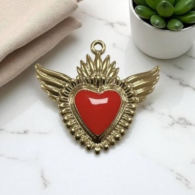 Ciondolo Cuore sacro con ali in Acciaio oro smaltato 28x30mm - Vari colori 1pz Gioie d'Oriente