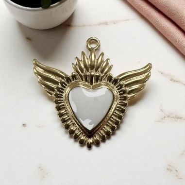 Ciondolo Cuore sacro con ali in Acciaio oro smaltato 28x30mm - Vari colori 1pz Gioie d'Oriente