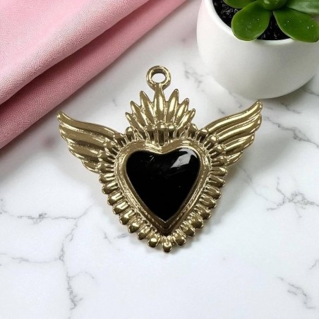 Ciondolo Cuore sacro con ali in Acciaio oro smaltato 28x30mm - Vari colori 1pz Gioie d'Oriente