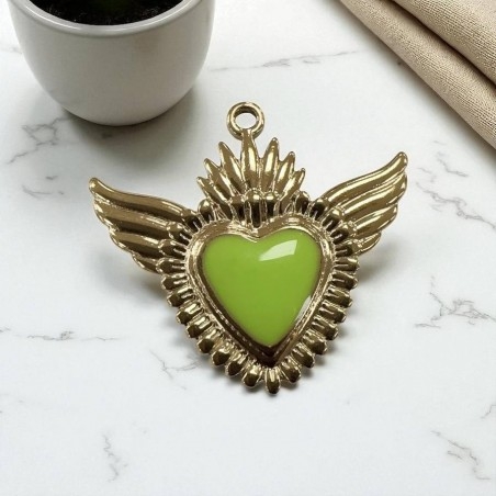 Ciondolo Cuore sacro con ali in Acciaio oro smaltato 28x30mm - Vari colori 1pz Gioie d'Oriente