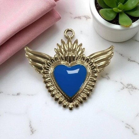 Ciondolo Cuore sacro con ali in Acciaio oro smaltato 28x30mm - Vari colori 1pz Gioie d'Oriente