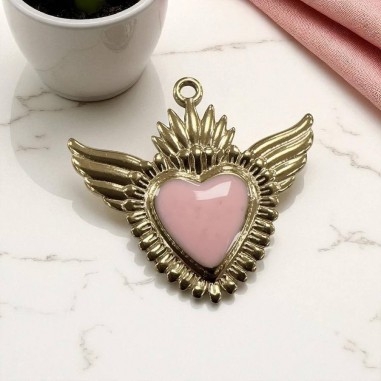 Ciondolo Cuore sacro con ali in Acciaio oro smaltato 28x30mm - Vari colori 1pz Gioie d'Oriente