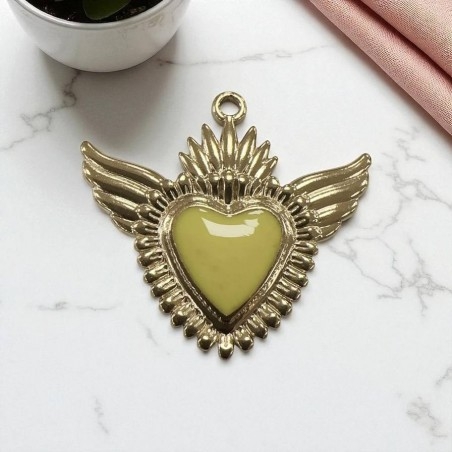 Ciondolo Cuore sacro con ali in Acciaio oro smaltato 28x30mm - Vari colori 1pz Gioie d'Oriente
