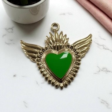 Ciondolo Cuore sacro con ali in Acciaio oro smaltato 28x30mm - Vari colori 1pz Gioie d'Oriente