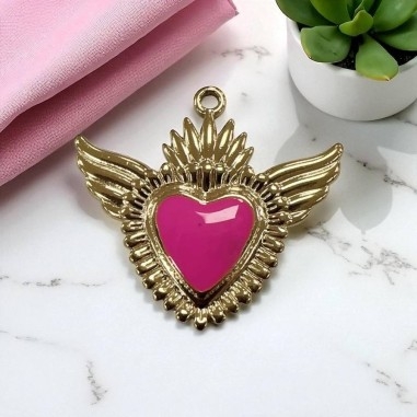 Ciondolo Cuore sacro con ali in Acciaio oro smaltato 28x30mm - Vari colori 1pz Gioie d'Oriente