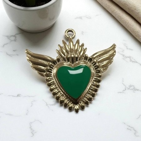 Ciondolo Cuore sacro con ali in Acciaio oro smaltato 28x30mm - Vari colori 1pz Gioie d'Oriente