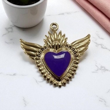 Ciondolo Cuore sacro con ali in Acciaio oro smaltato 28x30mm - Vari colori 1pz Gioie d'Oriente