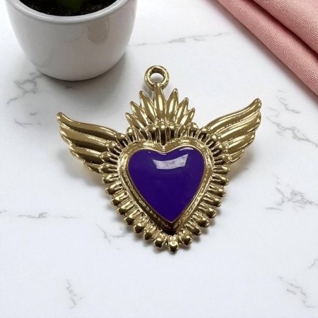 Ciondolo Cuore sacro con ali in Acciaio oro smaltato 28x30mm - Vari colori 1pz Gioie d'Oriente