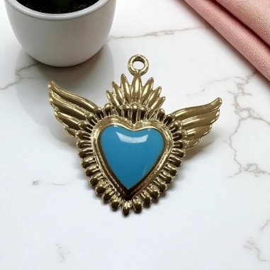 Ciondolo Cuore sacro con ali in Acciaio oro smaltato 28x30mm - Vari colori 1pz Gioie d'Oriente
