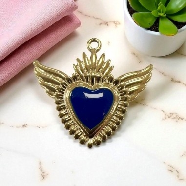 Ciondolo Cuore sacro con ali in Acciaio oro smaltato 28x30mm - Vari colori 1pz Gioie d'Oriente