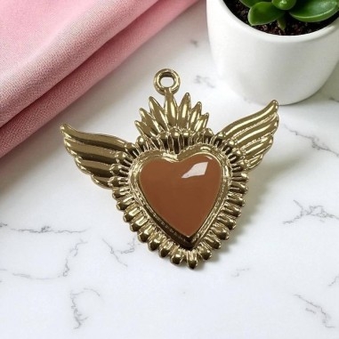 Ciondolo Cuore sacro con ali in Acciaio oro smaltato 28x30mm - Vari colori 1pz Gioie d'Oriente