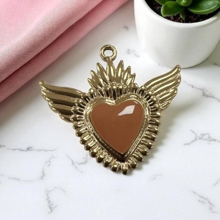 Ciondolo Cuore sacro con ali in Acciaio oro smaltato 28x30mm - Vari colori 1pz Gioie d'Oriente