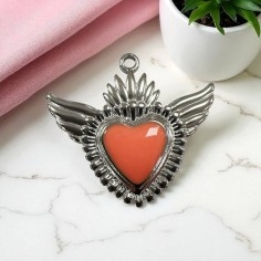 Ciondolo Cuore sacro con ali in Acciaio rodio smaltato 28x30mm - Vari colori 1pz Gioie d'Oriente 2