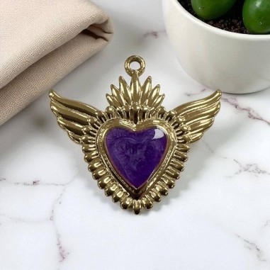 Ciondolo Cuore sacro con ali in Acciaio oro smaltato sfumato 28x30mm - Vari colori 1pz Gioie d'Oriente