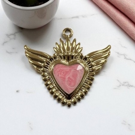 Ciondolo Cuore sacro con ali in Acciaio oro smaltato sfumato 28x30mm - Vari colori 1pz Gioie d'Oriente