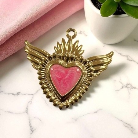 Ciondolo Cuore sacro con ali in Acciaio oro smaltato sfumato 28x30mm - Vari colori 1pz Gioie d'Oriente