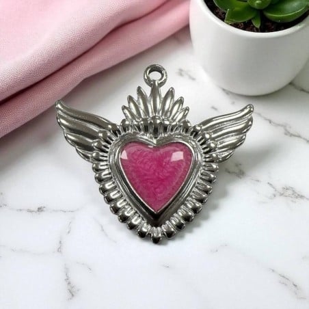 Ciondolo Cuore sacro con ali in Acciaio rodio smaltato sfumato 28x30mm - Vari colori 1pz Gioie d'Oriente