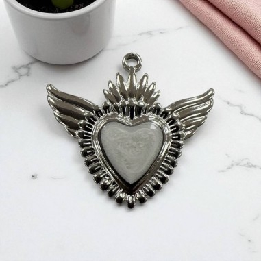 Ciondolo Cuore sacro con ali in Acciaio rodio smaltato sfumato 28x30mm - Vari colori 1pz Gioie d'Oriente